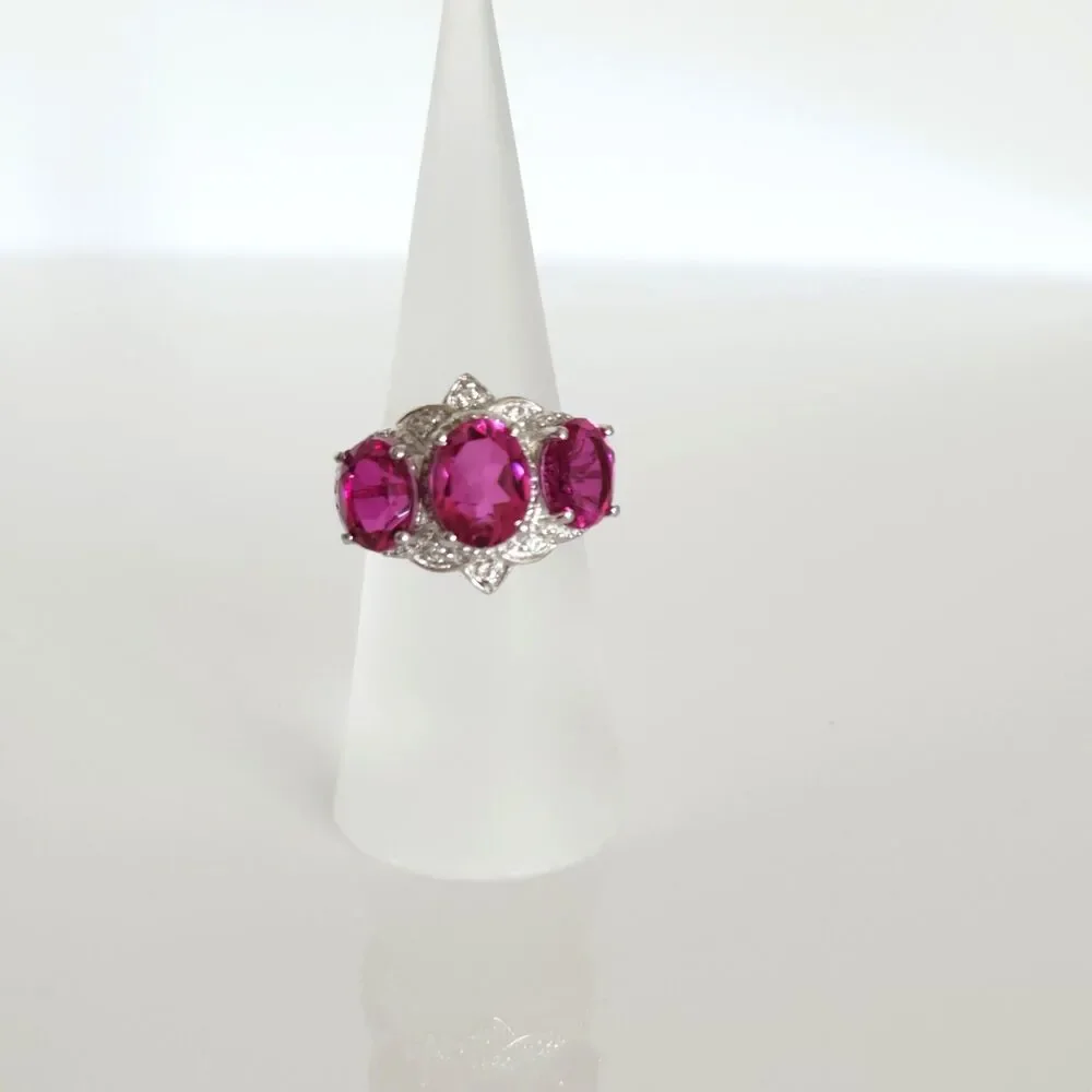 Pink Quartz Triplet Ring with White Zircon Size 6